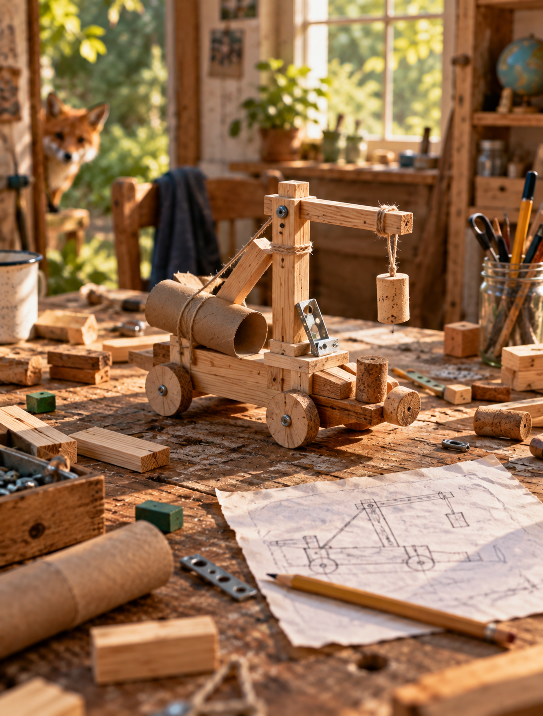 Ein frei gebautes Holzfahrzeug mit Kran auf einer Werkbank, umgeben von Holzresten, Werkzeug und einer Skizze